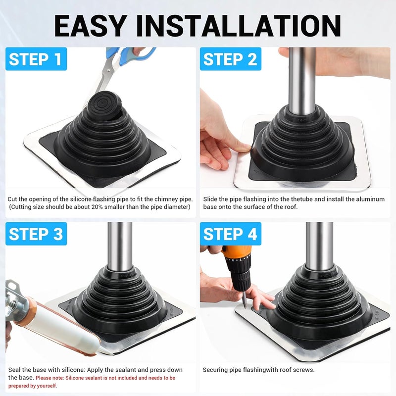 Aothotop #3 High Temp Silicone Metal Roof Pipe Flashing Boot - Roof Vent Boot for Pipe OD 1/4" to 5-3/4" - Roof Vent Cover for Stove Pipe, Chimney, &Plumbing Vents with Roofing Screws & Hex Socket 2PACK - Image 5